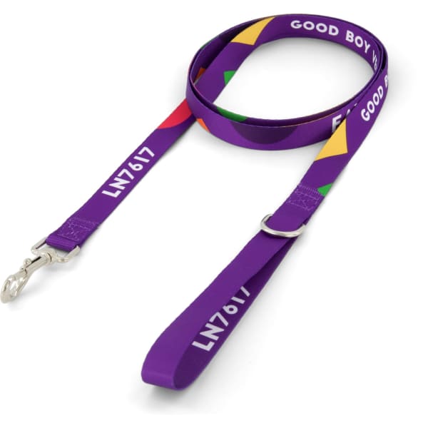 A purple dog lead with colourful geometric designs and a metal clip for attachment. It features a logo.