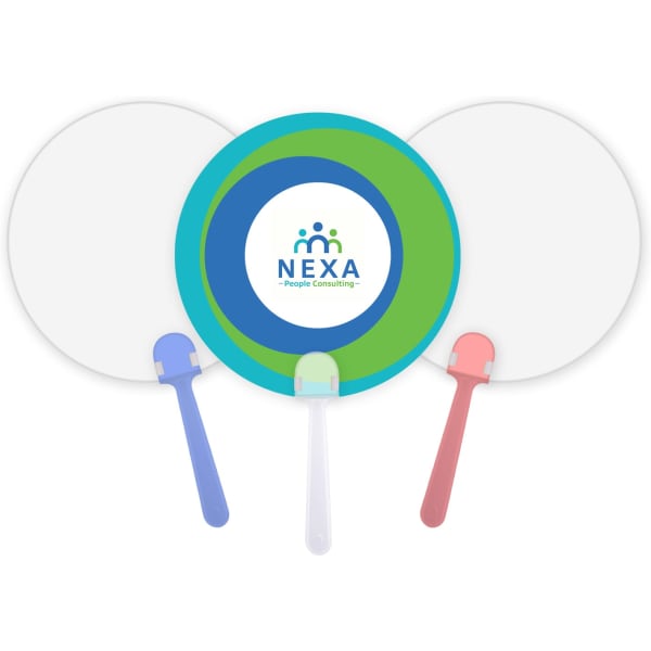 A set of three round hand fans in blue, pink, and white, featuring a colourful centre design with a logo.