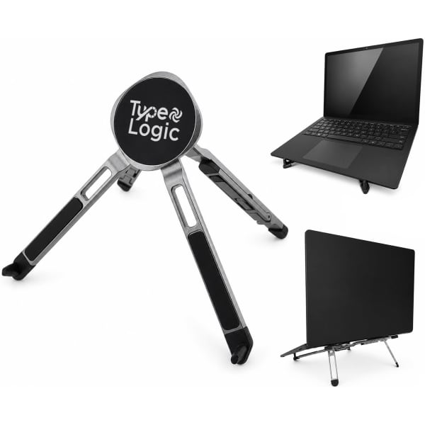 A silver and black device stand with a circular base and adjustable legs, supporting a laptop and a screen.