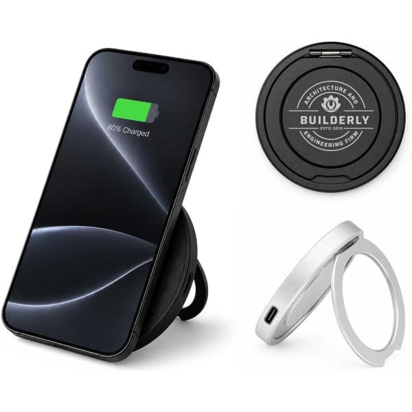 A black magnetic phone and watch charger with a stand, alongside a silver ring stand. The phone displays an 80% charge.