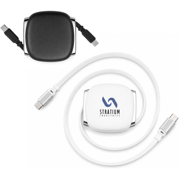 A retractable cable organiser featuring a white outer casing with a black inner cable and a logo.