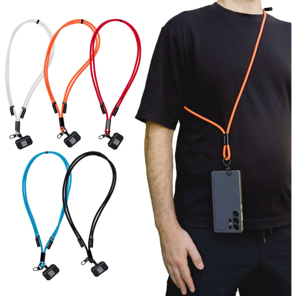 A person wearing a phone lanyard in black, orange, blue, and white, with a mobile phone attached.