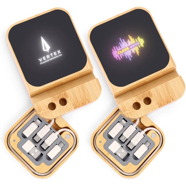 A wireless charger set in a bamboo case featuring a logo and a colourful soundwave design.