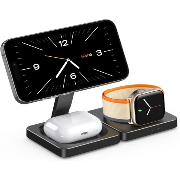 A wireless charger in black, designed to charge a smartphone, AirPods, and an Apple Watch, featuring a sleek design.