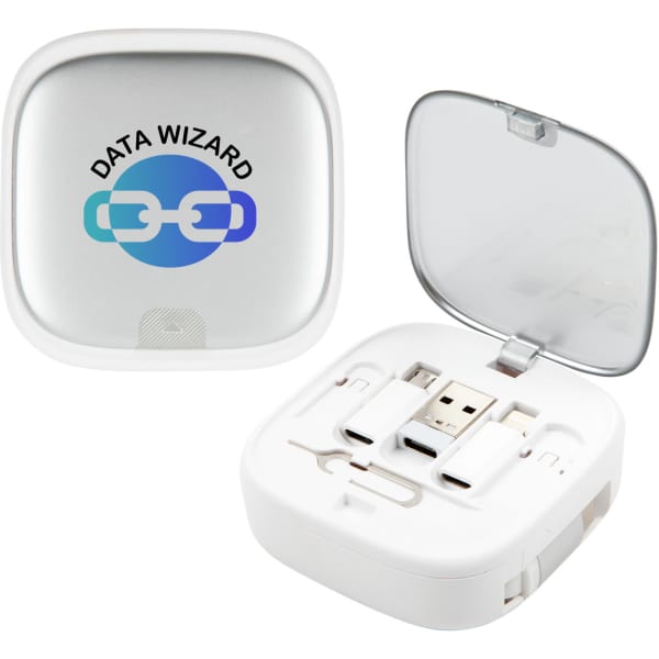 A retractable cable set in a white case, featuring multiple connectors and a logo on the lid.
