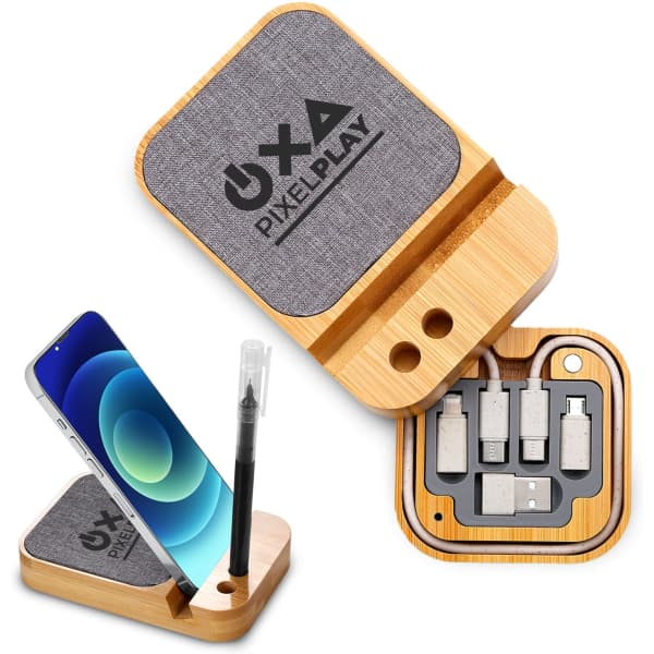 A wooden and fabric charging station set containing various charging cables and a pen holder, featuring a logo.