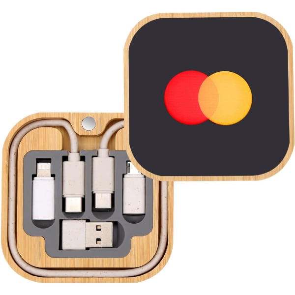 A bamboo charging set with various cables, featuring a design with red and yellow circles. Includes a logo.