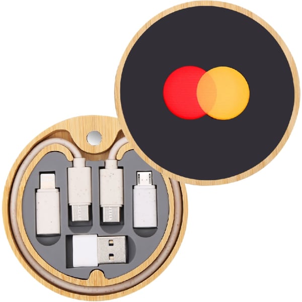 A round bamboo charger set featuring several cables and a circular charging pad in red and yellow.