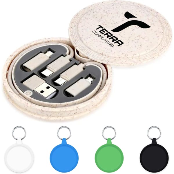 A round, speckled case containing a set of eco-friendly charging cables in grey, with a logo and three coloured keychain discs.
