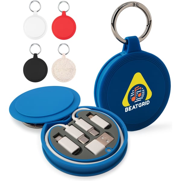 A blue circular case containing various charging cables, with a keyring attachment, featuring multiple colour options.