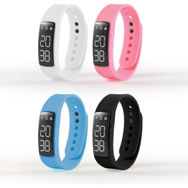 A set of four digital pedometers in white, pink, blue, and black, featuring a display screen and adjustable straps.