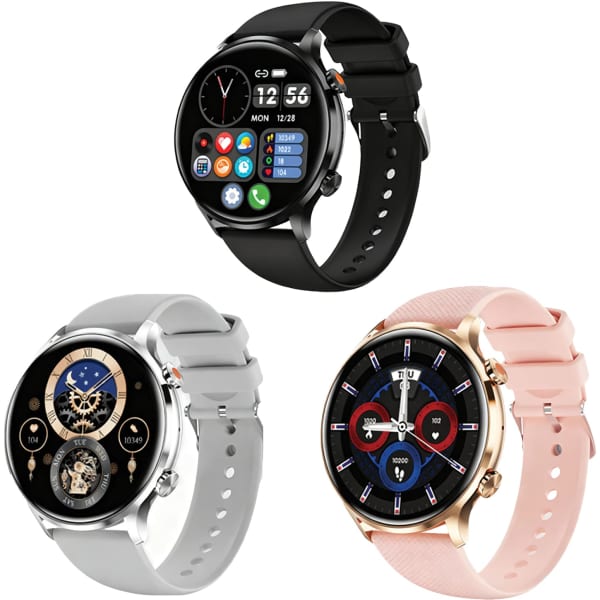 A set of three smart watches featuring black, silver, and rose gold designs with digital displays and varying strap styles.