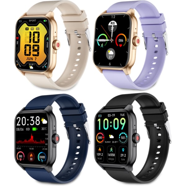 Four smart watches in various colours: gold with a light strap, purple, navy blue, and black. Each has a different display design.