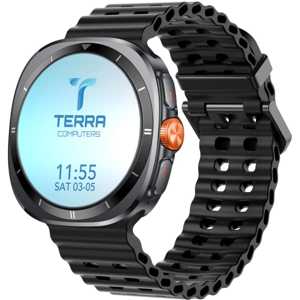 A smart watch featuring a black strap and a round face with an illuminated display. It has a logo on the screen.