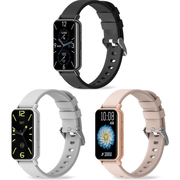 A slim smart watch displayed in three colours: black, grey, and rose gold, each with a different watch face design.