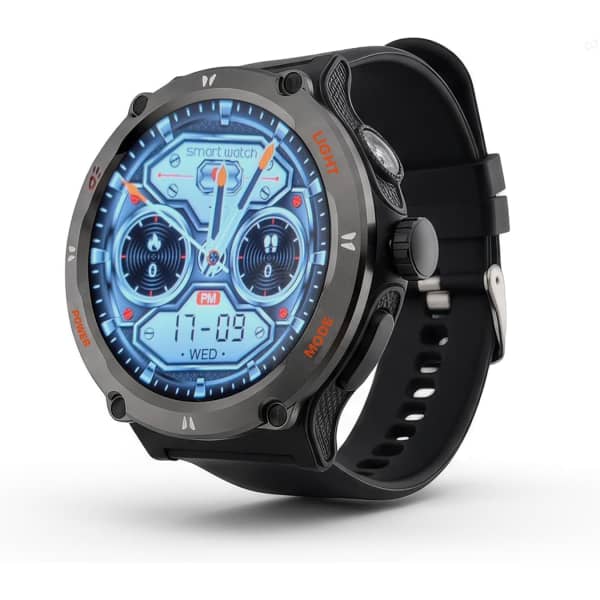 A smart watch with a black band and a round, blue-lit display featuring various dials and buttons. It has a logo.