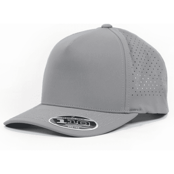 A grey cap featuring perforations, with a curved brim and a branded logo on the side.