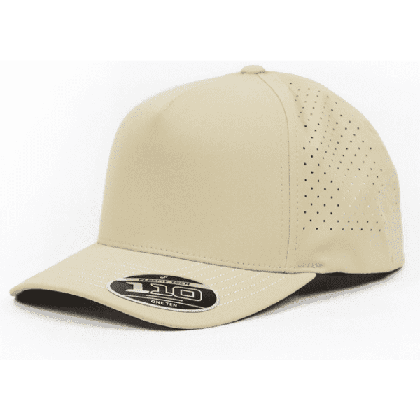 A beige cap with perforations and a curved visor, featuring a logo on the front.