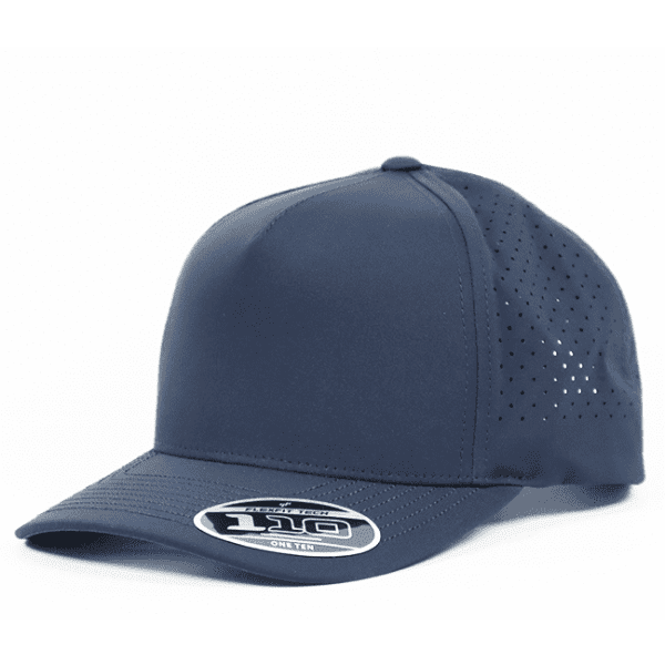 A navy cap with perforations and a branded logo on the front.