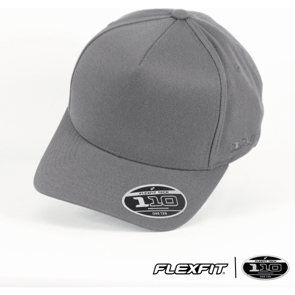 A grey FLEXFIT® 110 cap with a curved visor and a logo on the side.