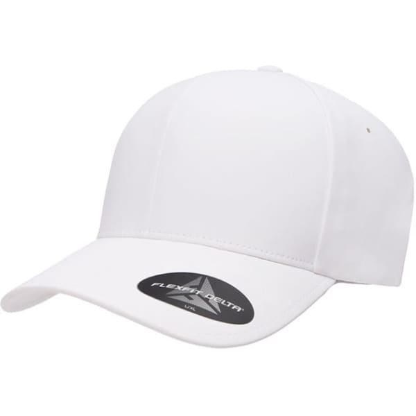 A white 180 FLEXFIT® DELTA® cap with a curved brim and a logo on the front.