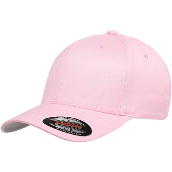 A pink cap with a curved brim and a logo on the front. The cap features a fitted design.