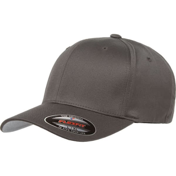 A grey cap with a curved brim, featuring a logo on the side and a smooth fabric finish.