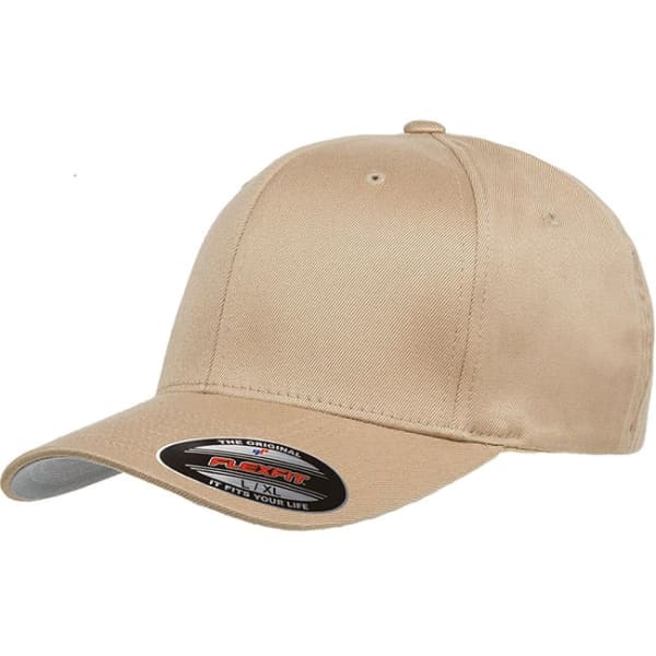A beige cap with a curved brim and a branded logo on the side.