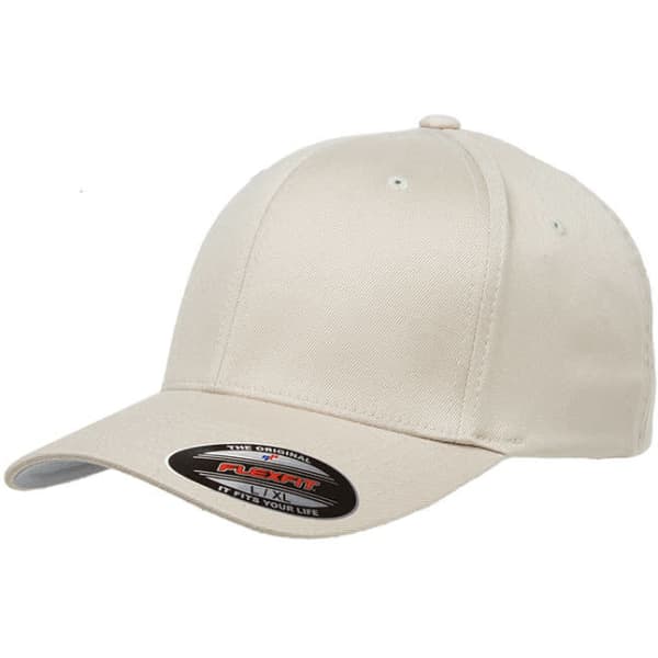 A beige cap with a curved brim and a logo on the side.