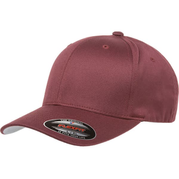 A maroon cap with a curved brim and a logo patch on the side.