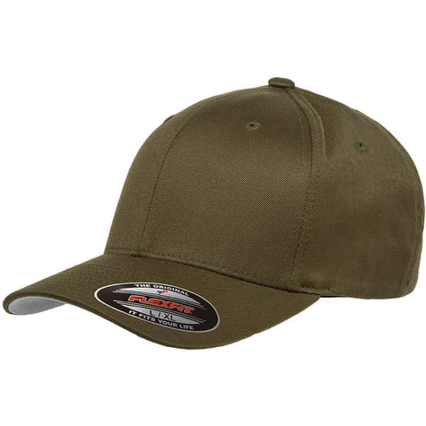 An olive green cap with a curved brim, featuring a logo on the front.