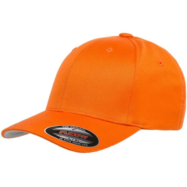 An orange cap with a curved brim and a logo on the side. It has a smooth finish and a fitted style.