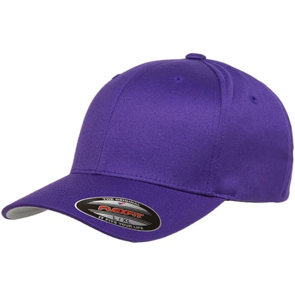 A purple cap with a curved brim and a logo on the side, featuring a smooth fabric texture.