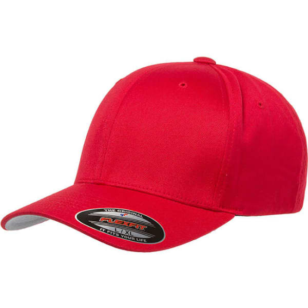 A red cap with a curved brim and a branding logo on the side.
