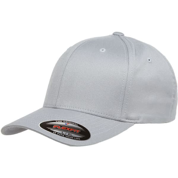 A grey cap with a curved brim and a fitted design, featuring a logo on the side.