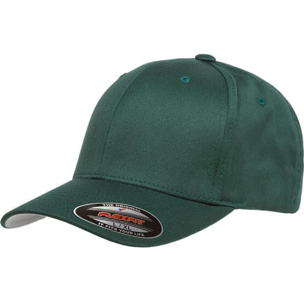 A green cap with a curved brim and a logo on the front, featuring a structured fit and closed back.