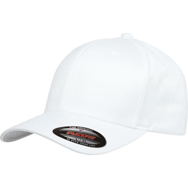 A white baseball cap with a curved brim and a logo on the front.