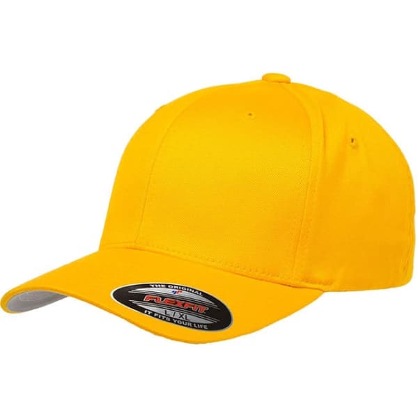 A bright yellow cap with a curved brim and a logo on the side.