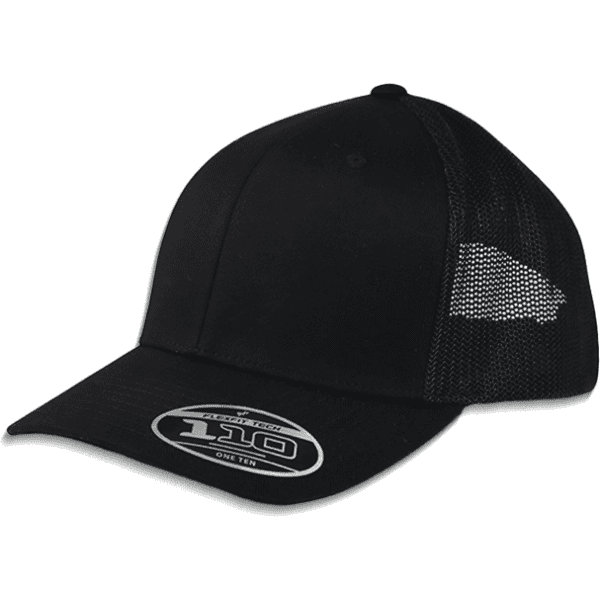 A black mesh trucker cap with a solid front panel and mesh sides, featuring a curved brim.