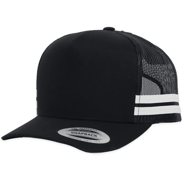 A classic black trucker cap with striped detailing and a mesh back, featuring a snapback adjuster.