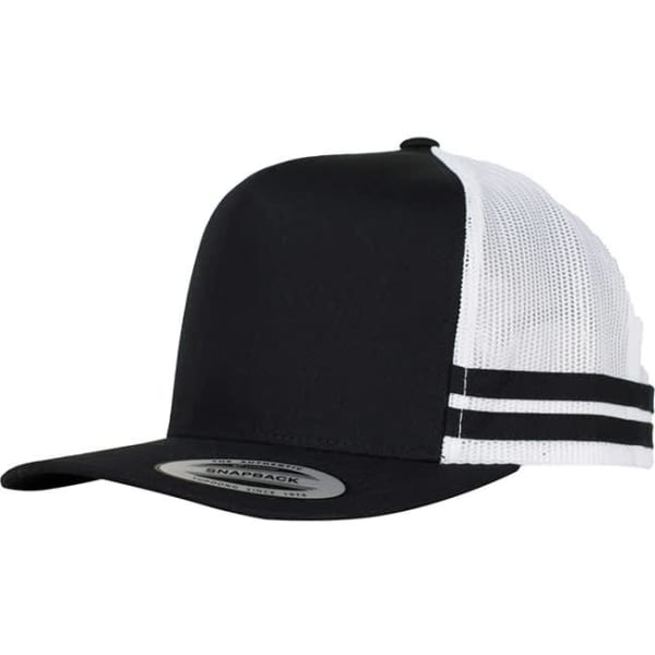 A black and white striped trucker cap featuring a solid front and mesh back, with an adjustable snapback closure.