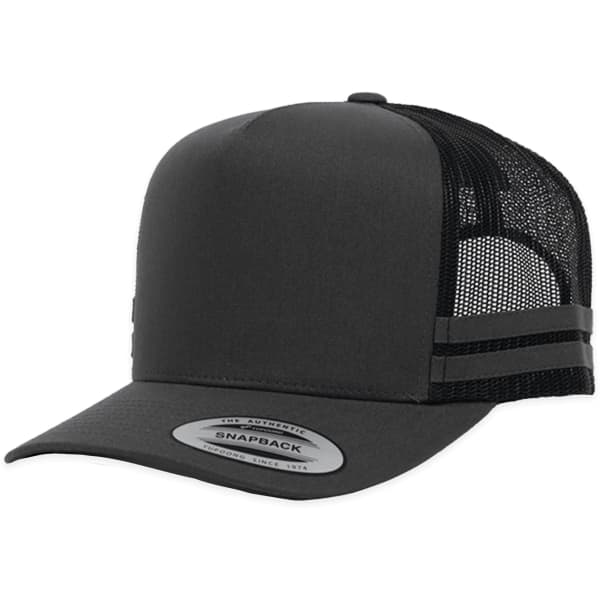 A black striped trucker cap featuring a solid front and mesh back, with a snapback closure and logo.