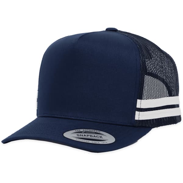 A navy trucker cap with white striped detailing and a mesh back, featuring a logo on the front.