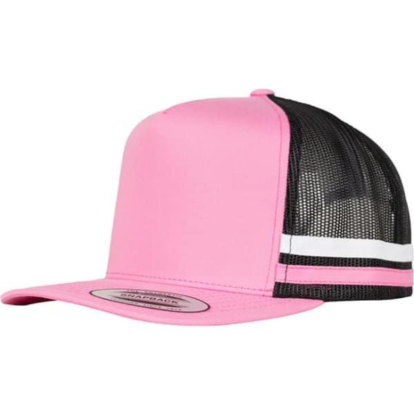A pink trucker cap with a black mesh back and white striped detailing. It features a logo on the front.