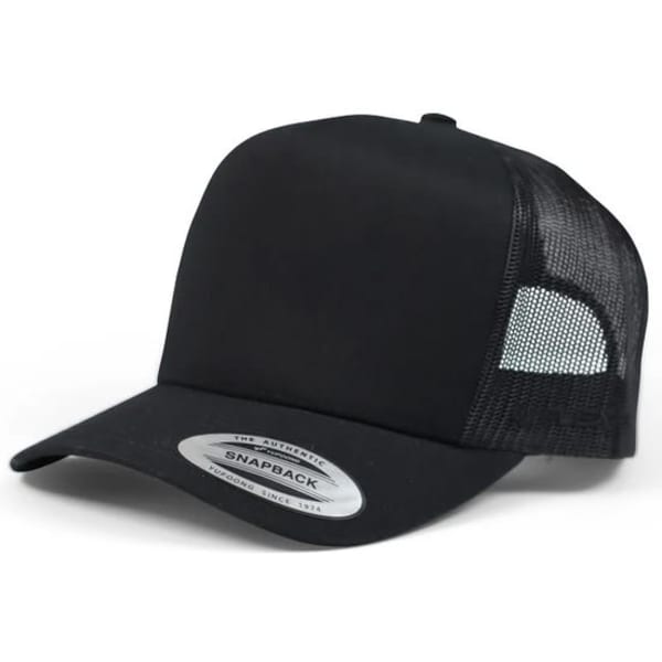 A black trucker cap with a mesh back and a snapback closure, featuring a logo on the side.