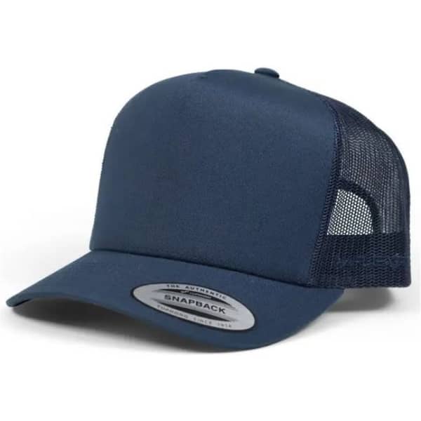A navy blue trucker cap featuring a flat brim and mesh sides, with a snapback closure and branding.
