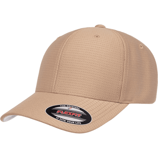A tan baseball cap with a fitted design and a logo on the front.