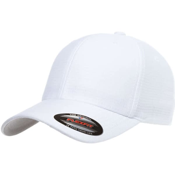 A white cap with a curved brim and a branded label on the side.