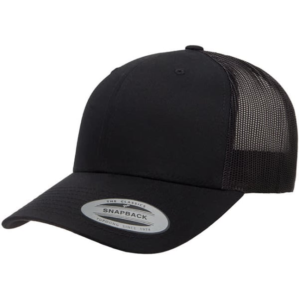 A black classic retro trucker cap with a solid front and mesh back, featuring a logo on the side.