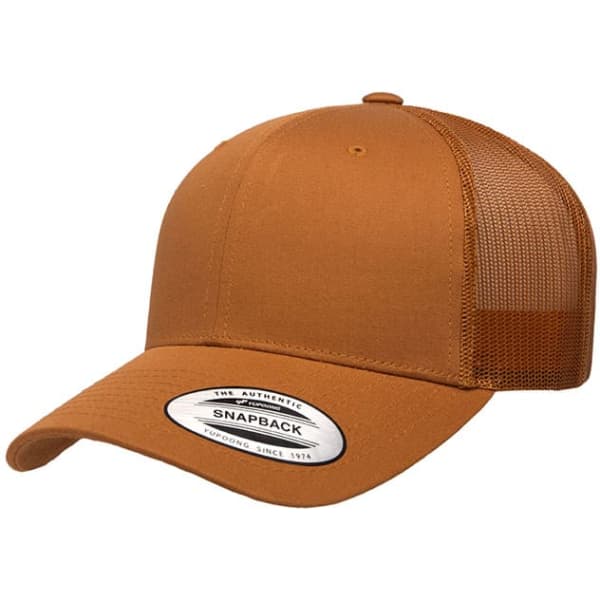 A brown retro trucker cap featuring a snapback style and mesh panels. It has a logo on the front.